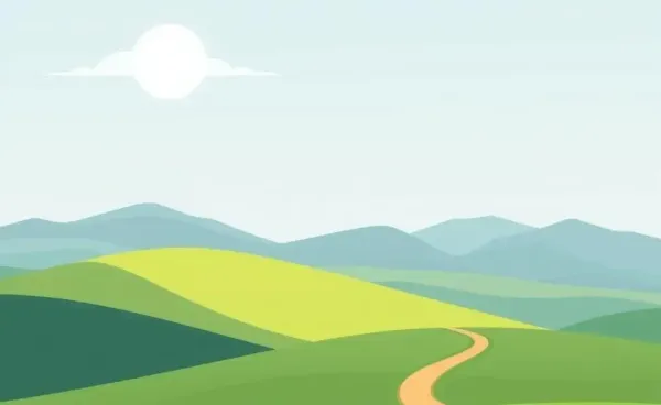 A cartoon-style image of a winding path through a calm landscape, symbolizing life's journey.