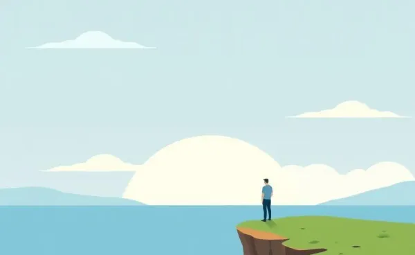Person standing on a cliff looking at a calm ocean