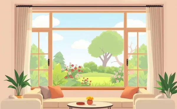 A cozy living room with soothing colors and a garden view