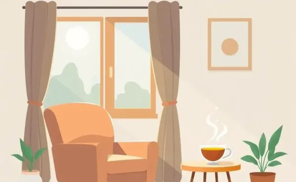 Cartoon-style peaceful living room with sunlight and tea