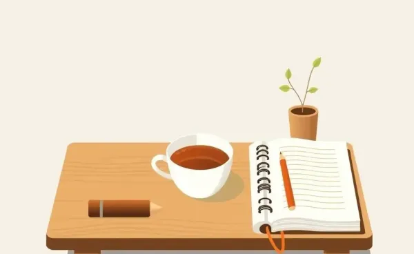 A serene morning ritual setup with a cup of tea and journal