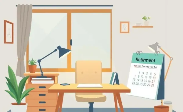 A cartoon-style illustration of a peaceful home office with a calendar marking retirement.