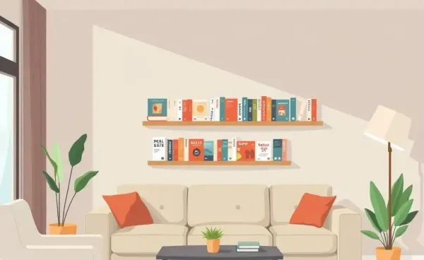 A peaceful living room with a shelf full of books on real estate investing