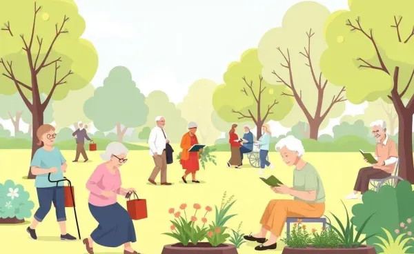 A diverse group of people enjoying retirement activities like biking and gardening