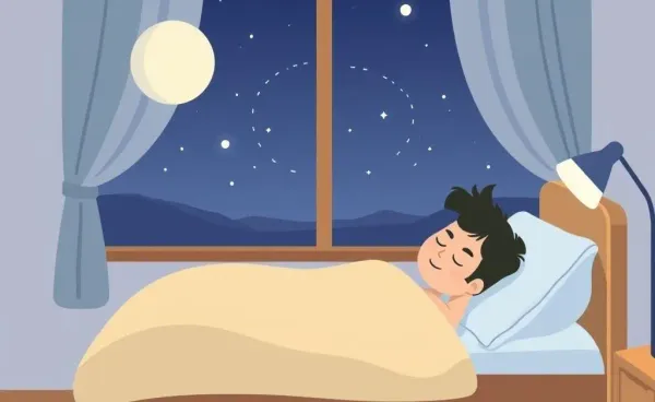 A person sleeping peacefully in bed with a night sky outside the window.