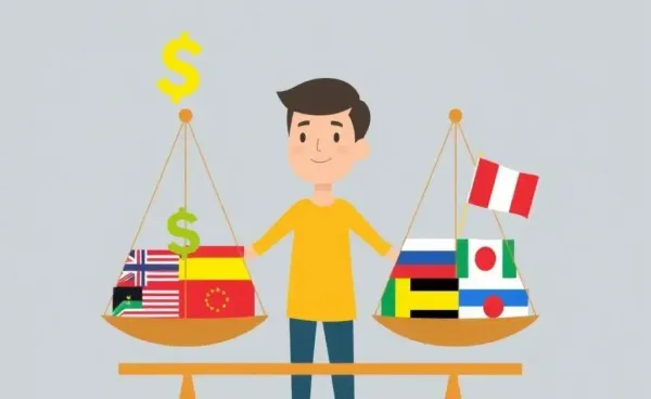 Person balancing US stock market against diverse international flags on a scale
