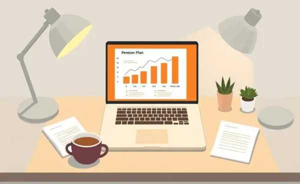A cozy home workspace with a laptop displaying a pension plan