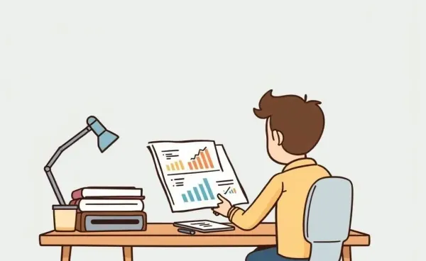 Person reviewing a financial plan at a desk with graphs and charts