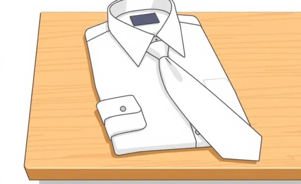 Illustration of a neatly folded white shirt and tie on a wooden desk