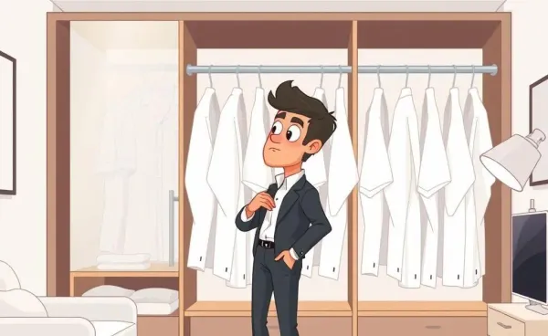 A cartoon of someone choosing a white shirt from the closet