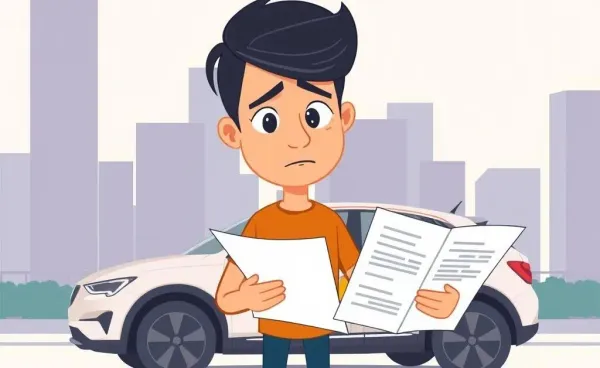 Person looking confused at auto insurance documents with a car nearby