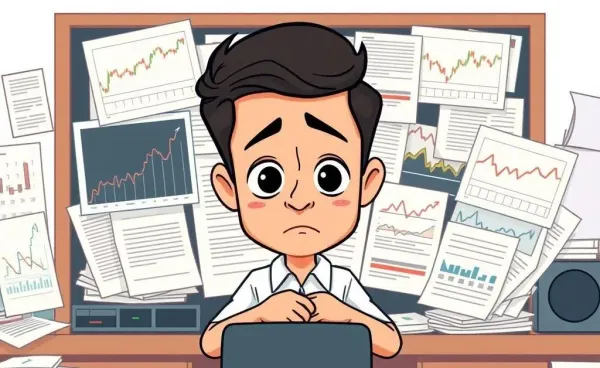 A person puzzled by stock market charts on a cluttered desk