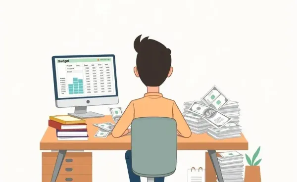 Person at a desk managing debt with a budget spreadsheet open.