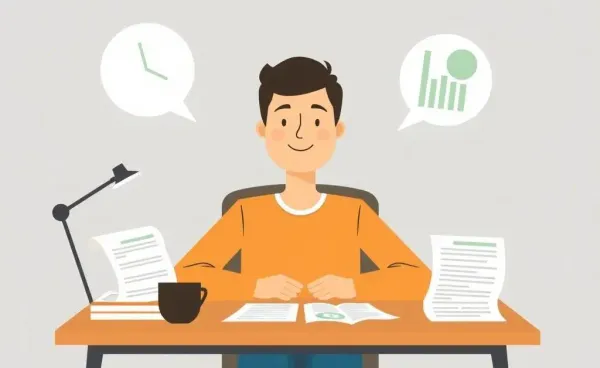 A person calmly managing their finances at a desk.