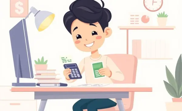 A person happily organizing bills at a desk