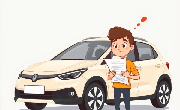 Person puzzled by car insurance papers beside a friend's car.