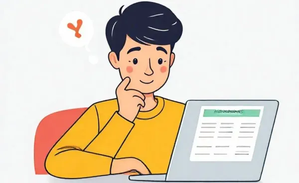 A cartoon-style drawing of a person reviewing mortgage rates on a laptop.