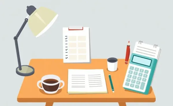 Desk with a budget planner and a calculator