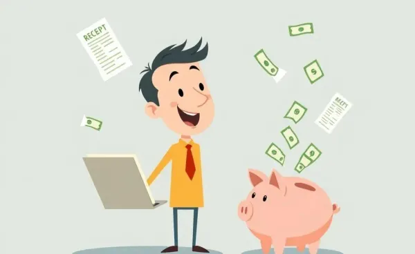 Cartoon of balancing spending receipts and saving piggy bank