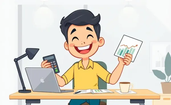 Person happily managing personal finances at a desk