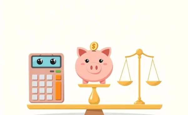 Illustration of financial balance with symbols like a piggy bank and scales