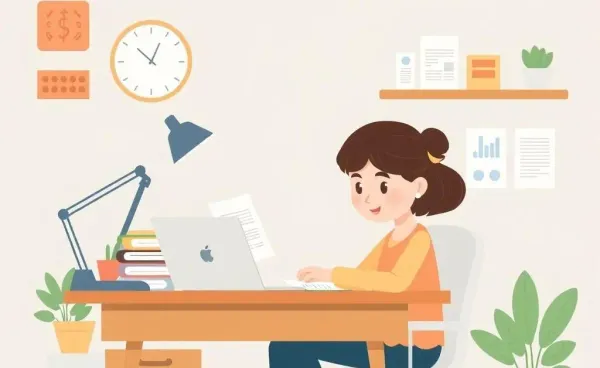 Illustration of a woman managing finances at a desk with a peaceful demeanor