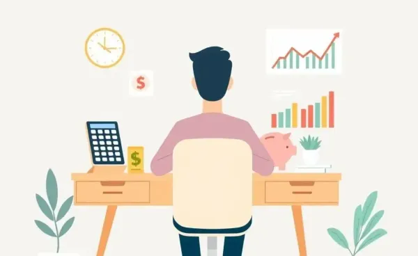 Person at a desk organizing finances with tools like a calculator and charts