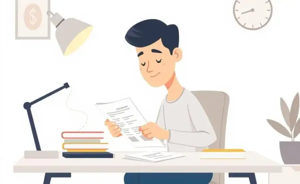 A serene setup with a person managing finances at a desk.