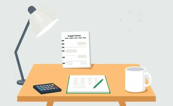 Illustration of a desk with a budget planner and calculator