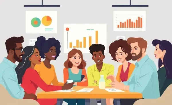 A cartoon of people discussing personal finance with charts in the background