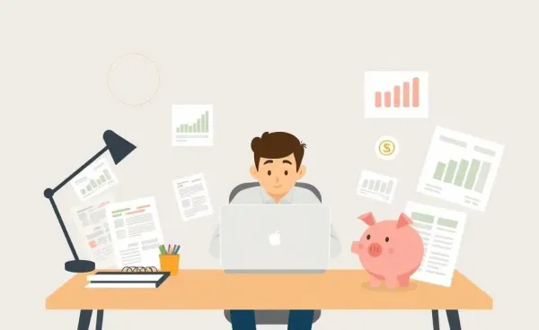 A cartoon of a person managing finances at a desk.