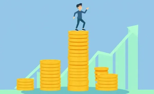 Cartoon of a person balancing coins with a rising graph