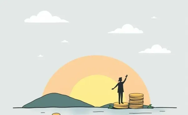 A peaceful scene of a person reflecting on their financial journey