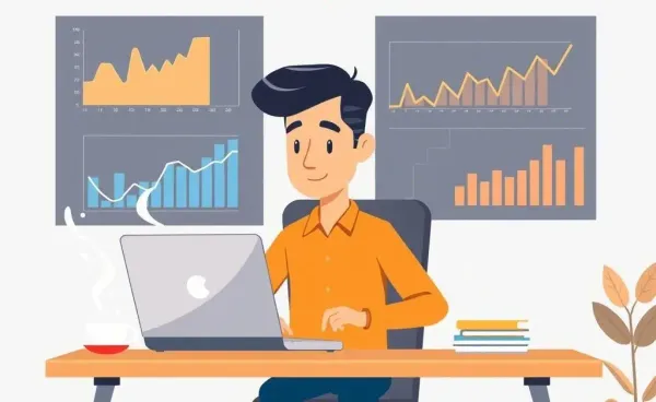 Person analyzing a personal finance chart at a desk with a laptop and coffee.