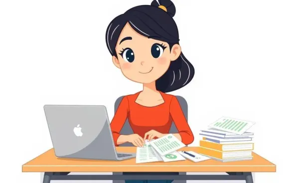 Young woman sitting at a desk with financial documents and a laptop, looking curious