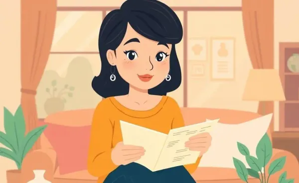 Illustration of a woman thoughtfully reviewing her personal finance plans