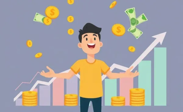 A cartoon person juggling coins and bills with financial charts