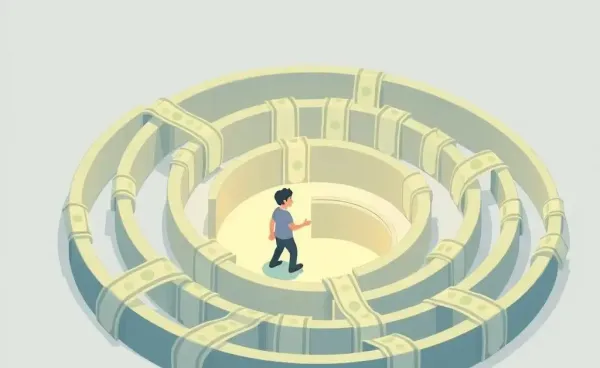 Cartoon of a person navigating through a dollar bill maze