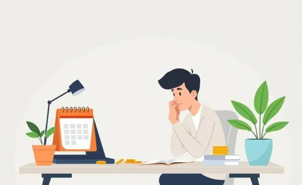 A cartoon of a person at a desk planning their finances with a calendar and coins