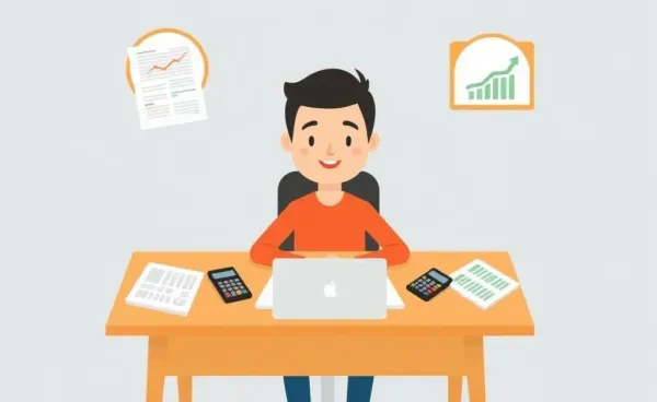 A cartoon person managing finances with a laptop, calculator, and paperwork.