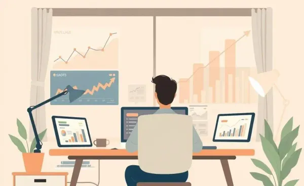 A person managing investments in a cozy home office with charts and graphs.