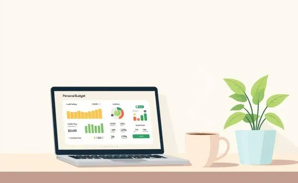 A cozy workspace with a laptop displaying a personal finance app