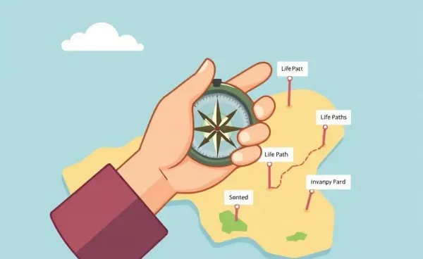 A hand holding a compass over a map with different life paths, symbolizing mindful decision-making