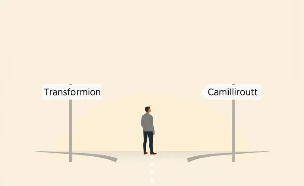 A cartoon person standing at a crossroads with signs pointing to 'Change' and 'Comfort'.