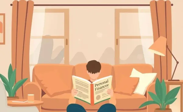 Person sitting in a cozy living room reading about personal finance