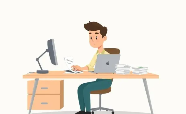 Person at a desk reviewing loan documents on a laptop