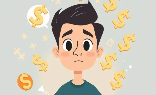 Person surrounded by mathematical symbols and dollar signs with a thoughtful expression