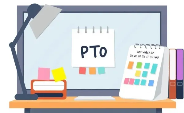 A cartoon illustration of an office desk with a calendar marked for personal time off