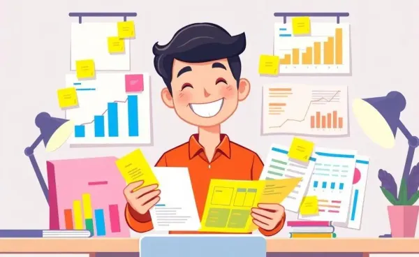 Person happily organizing finances with colorful charts and notes