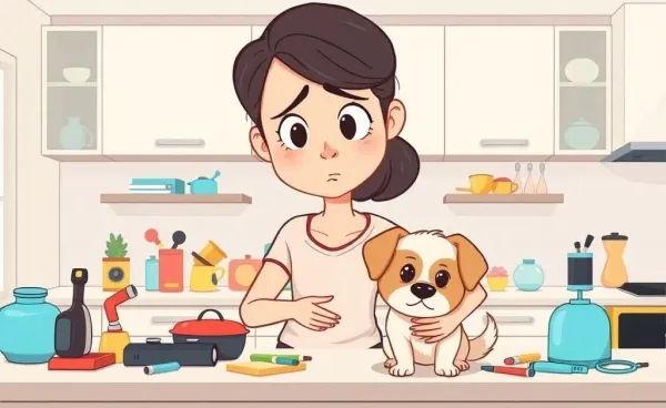 A cartoon depicting a pet owner keeping their dog safe from harmful items on a kitchen counter.